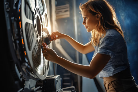 A young woman carefully adjusts the film projector, enhancing the vintage ambiance during a film screening event.の写真素材