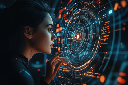 A young woman is focused on a glowing holographic display, exploring digital information in a dimly lit space.の写真素材