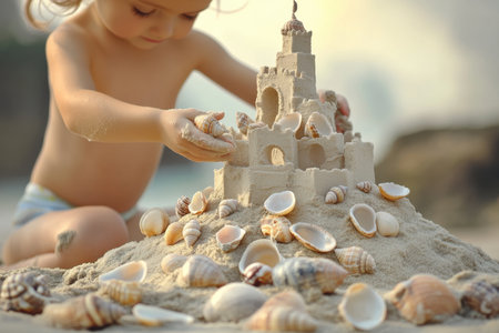A child is carefully constructing a sandcastle while adding seashells on a sandy beach at sunset.の写真素材