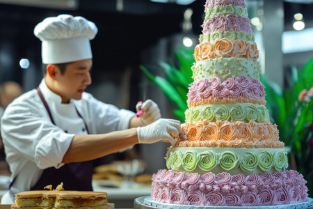 A skilled pastry chef intricately decorates a towering cake with vibrant icing flowers in a lively bakery setting.の写真素材