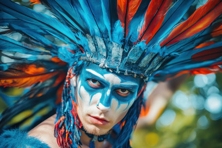 A tribal dancer with intricate blue face paint and feathered headdress performs at a lively outdoor festival.の写真素材