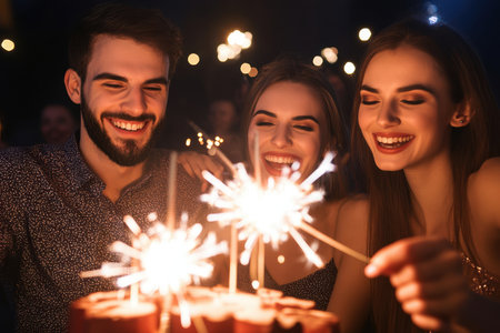 Three friends are gathered around a cake, joyfully celebrating with sparklers in a festive atmosphere.の写真素材