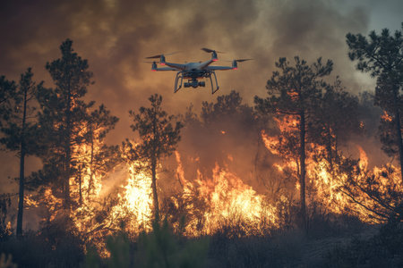 A drone flies above a fierce wildfire engulfing trees and vegetation, showingcasing firefighting efforts.の写真素材