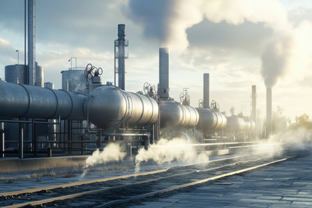 Industrial pipes and tanks release steam and smoke while the sun rises in a cloudy sky above a facility.の写真素材
