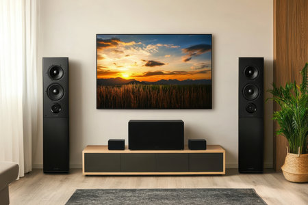 A cozy living room displays a large TV mounted on the wall, flanked by audio speakers and a scenic sunset view.の写真素材