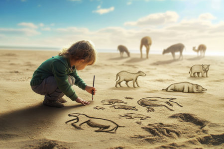 A child sketches various animal figures in the sand while camels roam in the background during sunset.の写真素材