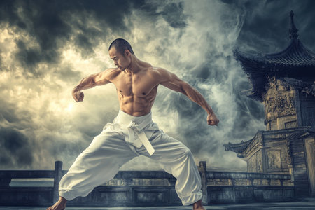 A muscular martial artist strikes a powerful pose outdoors, showcasing strength and skill amidst dark clouds.の写真素材