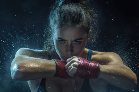A determined female boxer trains intensely, showing her strength and focus in a dark environment.の写真素材