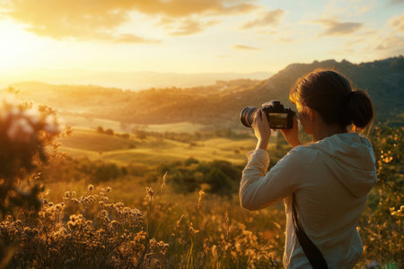 A photographer stands in a field, capturing the breathtaking sunset over rolling hills and valleys.の写真素材