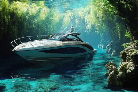 A sleek boat navigates vibrant turquoise waters surrounded by lush underwater flora and dramatic rock formations.の写真素材