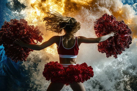 Cheerleader dressed in red performs with pom poms amid colorful pyrotechnics, showing enthusiasm and skill.の写真素材