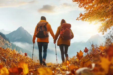 Two hikers walk hand in hand along a path strewn with colorful autumn leaves, enjoying the sunset.の写真素材