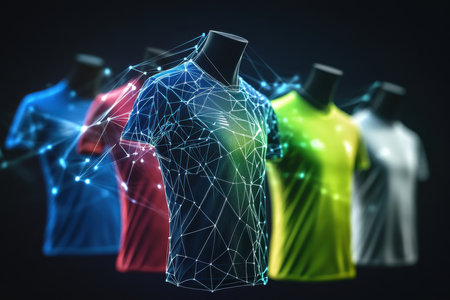 Multiple colored shirts showcased with glowing geometric patterns that enhance their modern style.の写真素材
