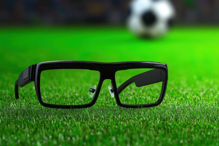 Glasses rest on vibrant green grass close to a soccer ball, capturing a moment during an outdoor game.の写真素材