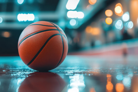 A basketball sits still on a polished court surface under bright overhead lights, indicating a practice session.の写真素材