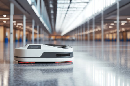 A robot cleaner navigates a vast, well-lit indoor space with smooth floors, performing its cleaning task efficiently.の写真素材