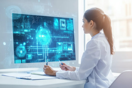 A woman in a white lab coat analyzes digital data displayed on a futuristic computer screen in an office.の写真素材