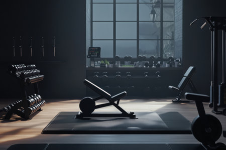 A spacious gym features various weights and benches in low light, creating an inviting workout environment.の写真素材