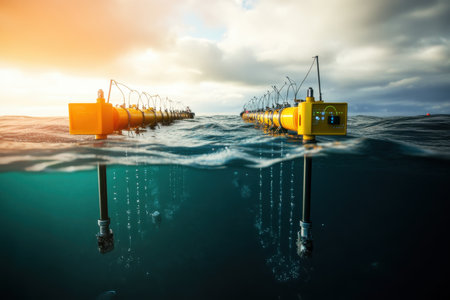 Advanced underwater devices capture data in coastal waters at sunset, aiding environmental studies.の写真素材