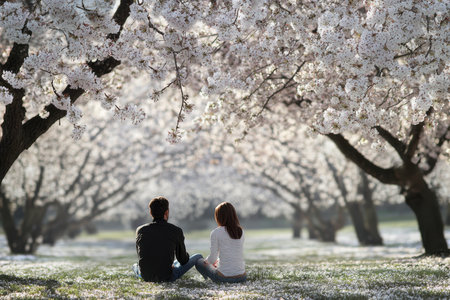 A couple sits on the ground, surrounded by vibrant cherry blossoms in full bloom, enjoying a peaceful day in spring.の写真素材