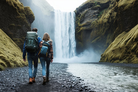 A couple explores a scenic area with a stunning waterfall surrounded by green hills under a cloudy sky.の写真素材