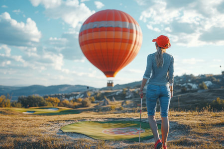 A woman stands on a golf course with a hot air balloon hovering in the background during a sunny day.の写真素材