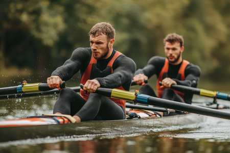 Two men row in sync on a calm river, showing their strength and skill during morning training.の写真素材
