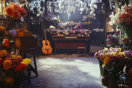 A vibrant flower shop features a vintage piano and guitar surrounded by an array of colorful blooms.の写真素材