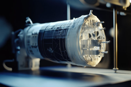 A meticulously crafted model of a spacecraft showcases intricate design and engineering in a display setting.の写真素材
