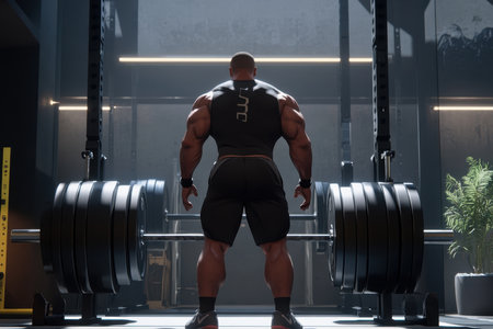 A bodybuilder stands focused in a contemporary gym, preparing to lift heavy weights in front of gym equipment.の写真素材
