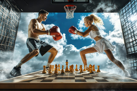 Two fit young adults in boxing gloves face off on an oversized chessboard, surrounded by clouds and dynamic visuals.の写真素材