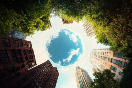 Tall buildings rise amidst lush green trees, framing a clear blue sky with fluffy clouds overhead.の写真素材