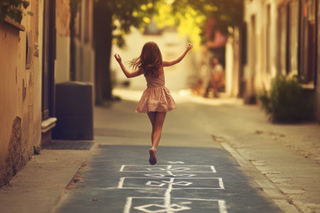 A girl in a pink dress joyfully hops along a sidewalk chalk game in a quiet street filled with sunlight.の写真素材