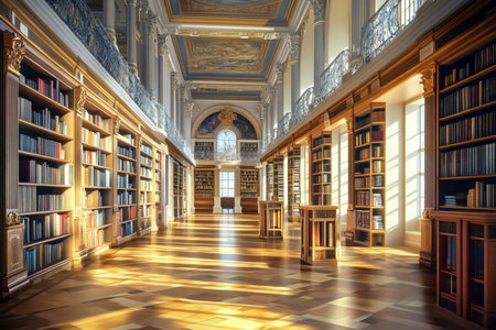Spacious library featuring tall bookshelves filled with books, with sunlight illuminating the wooden floor.の写真素材