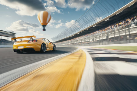 A bright yellow car zooms around a racetrack while a colorful hot air balloon floats in the sky above.の写真素材