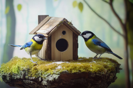 Blue tits explore a rustic birdhouse surrounded by soft moss in a lively forest during the day.の写真素材