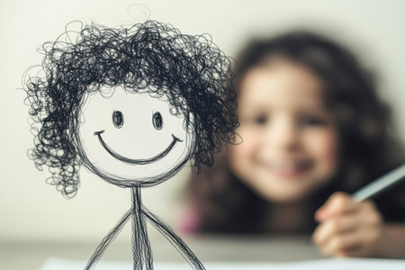 A joyful child creates a smiling stick figure drawing with crayons at a cozy home setting.の写真素材