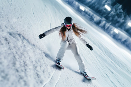 A skilled snowboarder descends a well-groomed slope at night, highlighting the excitement of winter sports.の写真素材