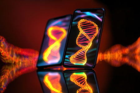 Two smartphones display bright, colorful DNA strand designs against a dark background, creating a dynamic effect.の写真素材