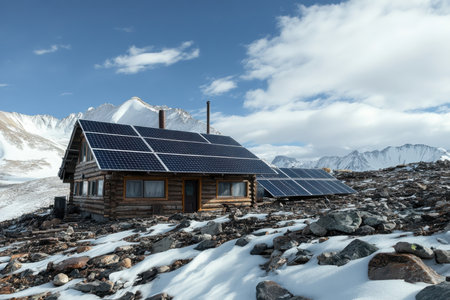 A secluded cabin equipped with solar panels sits amidst rocky terrain and snow-covered mountains.の写真素材