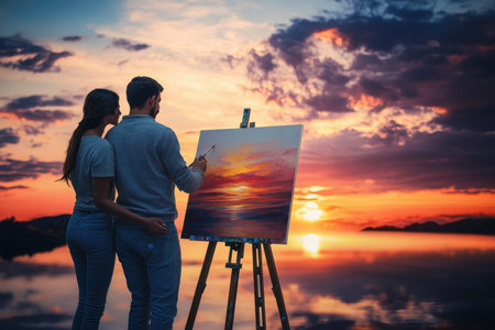 A couple enjoys a tranquil evening, painting a stunning sunset by a peaceful lake as the sun sets.の写真素材