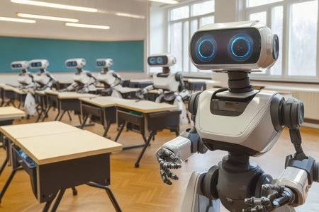Humanoid robots engage with learners in a well-lit classroom filled with desks and learning materials.の写真素材