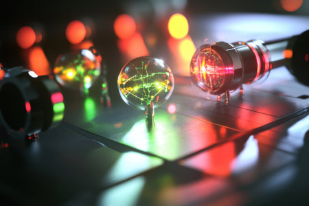 Bright orbs emit vibrant colors and reflect light, showcasing an artistic display in a contemporary environment.の写真素材