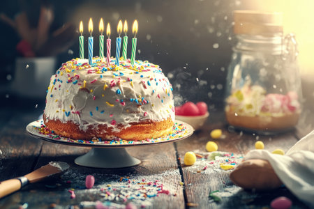 A beautifully decorated cake sits on a table, topped with colorful candles and surrounded by festive sprinkles.の写真素材