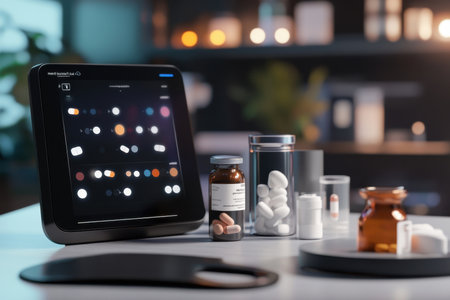A sleek device displays medication information alongside different pill containers on a stylish table.の写真素材