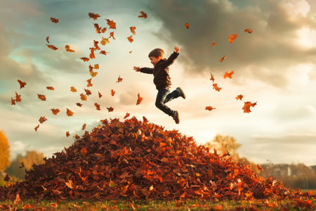 A young boy joyfully leaps into a pile of vibrant autumn leaves, surrounded by trees and a cloudy sky.の写真素材