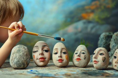 Child carefully paints expressive faces on smooth stones in a colorful, imaginative workspace at home.の写真素材