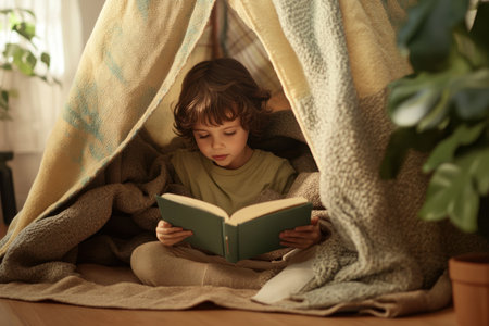 A young child sits in a blanket fort, deeply focused on reading a book while surrounded by soft textures.の写真素材