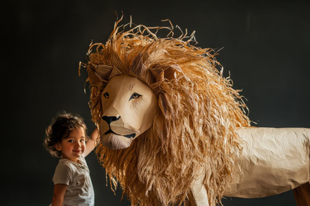 A young child smiles next to a big paper lion, showing creativity and imaginative play in a cozy setting.の写真素材