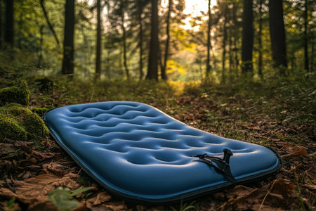 Comfortable sleeping pad lies on a wooded forest floor, with golden light filtering through the trees at dusk.の写真素材